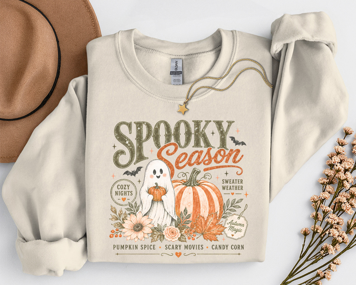 Spooky Season Ghost & Pumpkin Shirt | Cute Halloween T-Shirt or Crewneck Sweatshirt