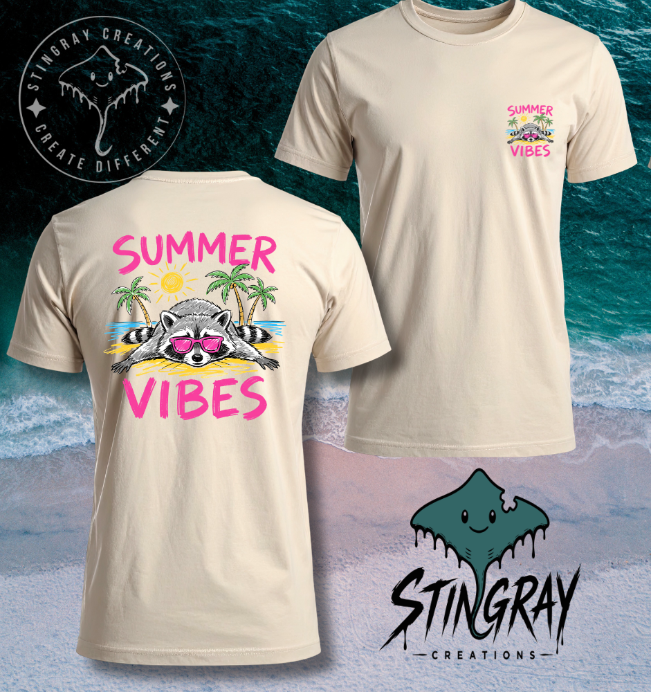Summer Vibes Raccoon Shirt | Funny Beach Graphic Tee | Cute Summer Vacation Shirt