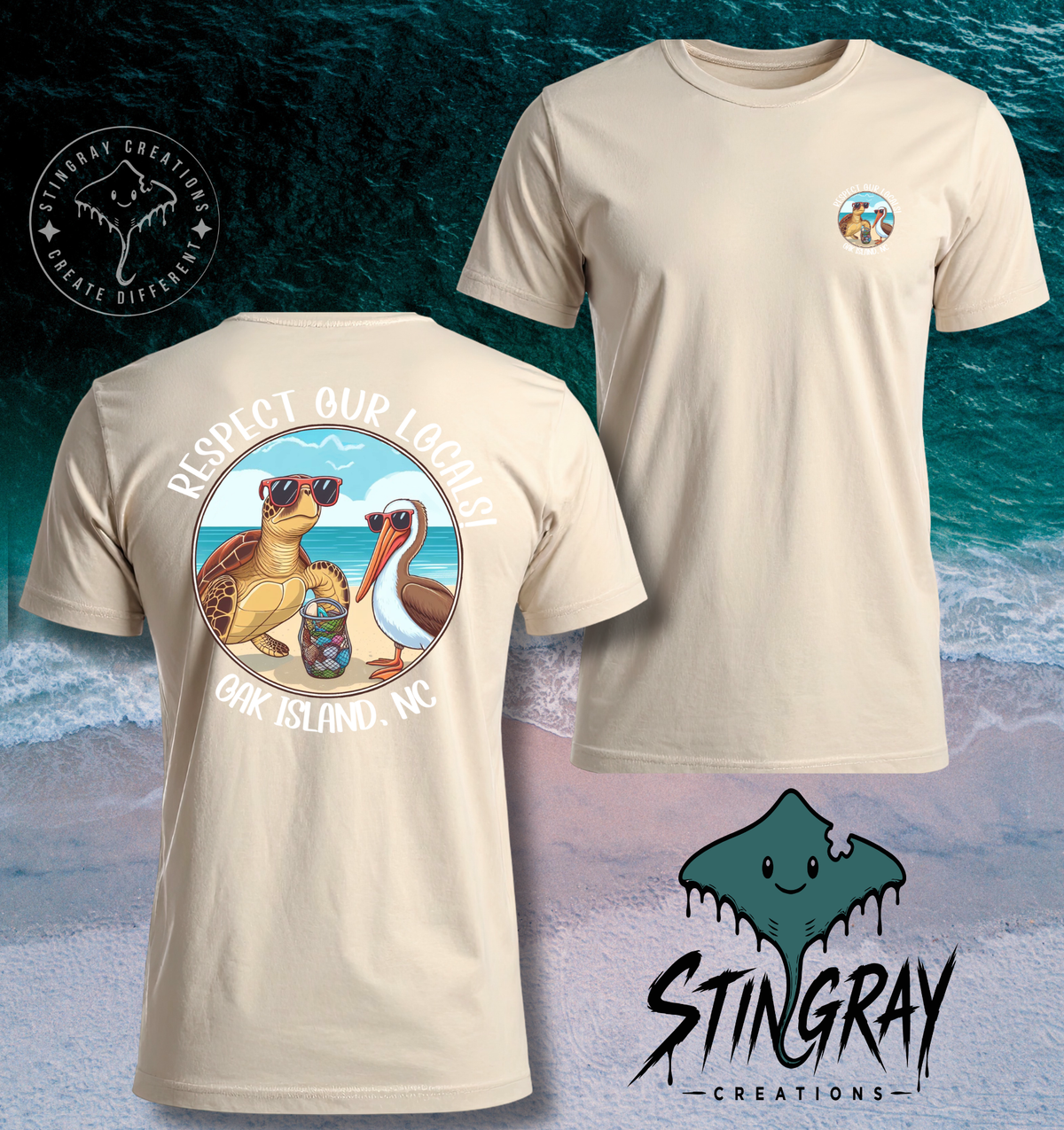 Respect Our Locals Oak Island NC Sea Turtle & Pelican T Shirt & Crewneck Sweatshirt