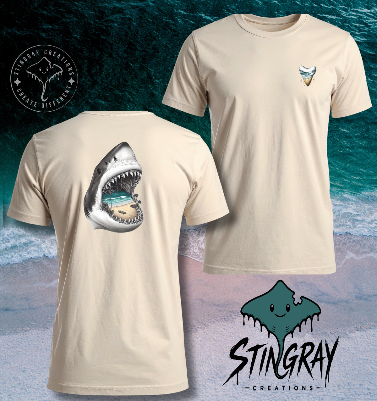 Shark Jaw Beach Scene T Shirt & Crewneck Sweatshirt | Coastal Shark Tooth Shirt
