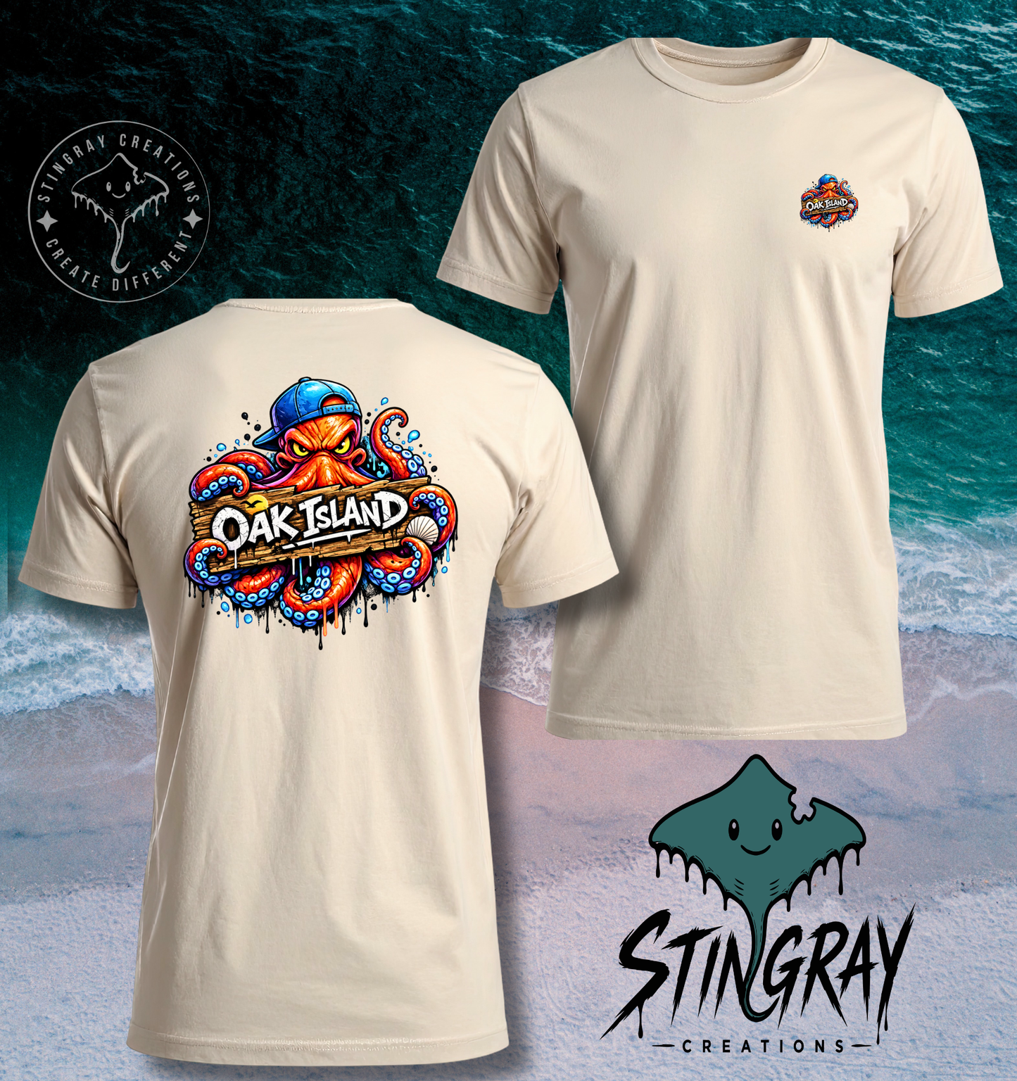 Oak Island Graffiti Octopus T Shirt | Coastal North Carolina Graphic Tee | Beach Vacation Shirt