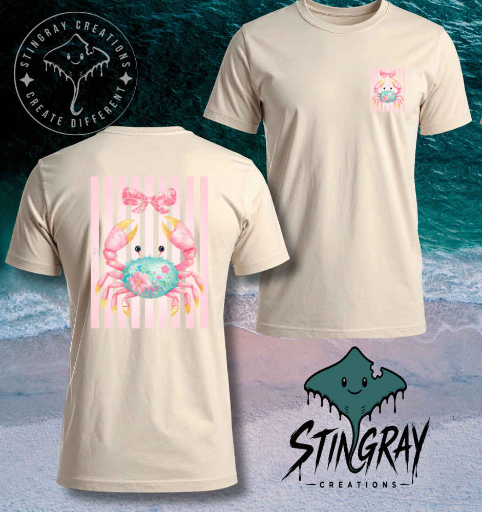 Cute Crab Shirt | Coastal Beach Graphic Tee | Pink Bow Crab Summer Shirt