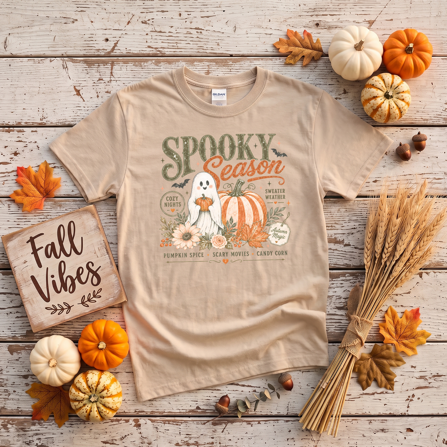 Spooky Season Ghost & Pumpkin Shirt | Cute Halloween T-Shirt or Crewneck Sweatshirt
