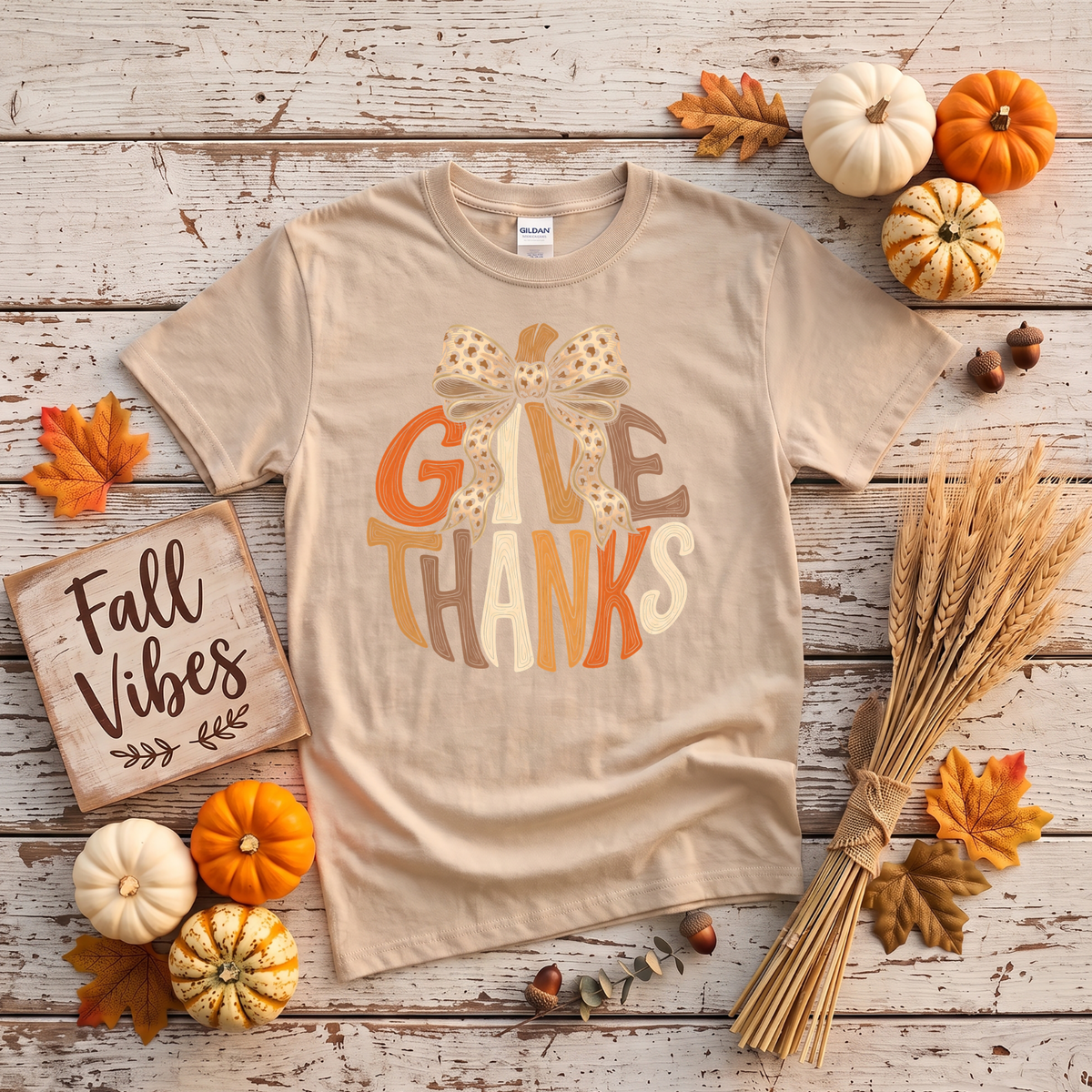 Give Thanks Leopard Bow Fall T-Shirt or Sweatshirt | Thanksgiving Apparel