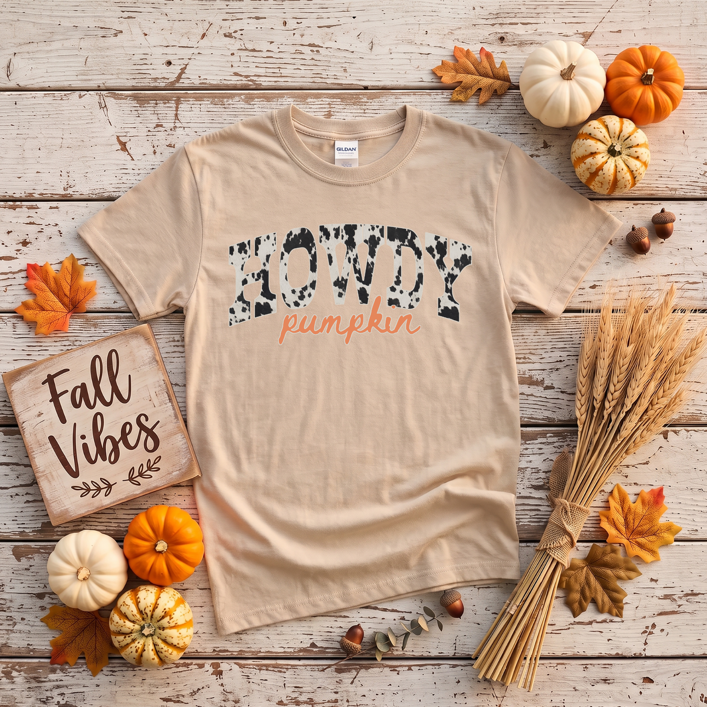 Howdy Pumpkin Cow Print Fall Shirt | Western Autumn T-Shirt & Crewneck Sweatshirt