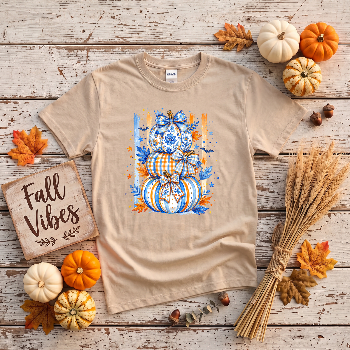 Blue & Orange Pumpkin Stack Fall Shirt | Coquette Pumpkin T-Shirt & Crewneck Sweatshirt