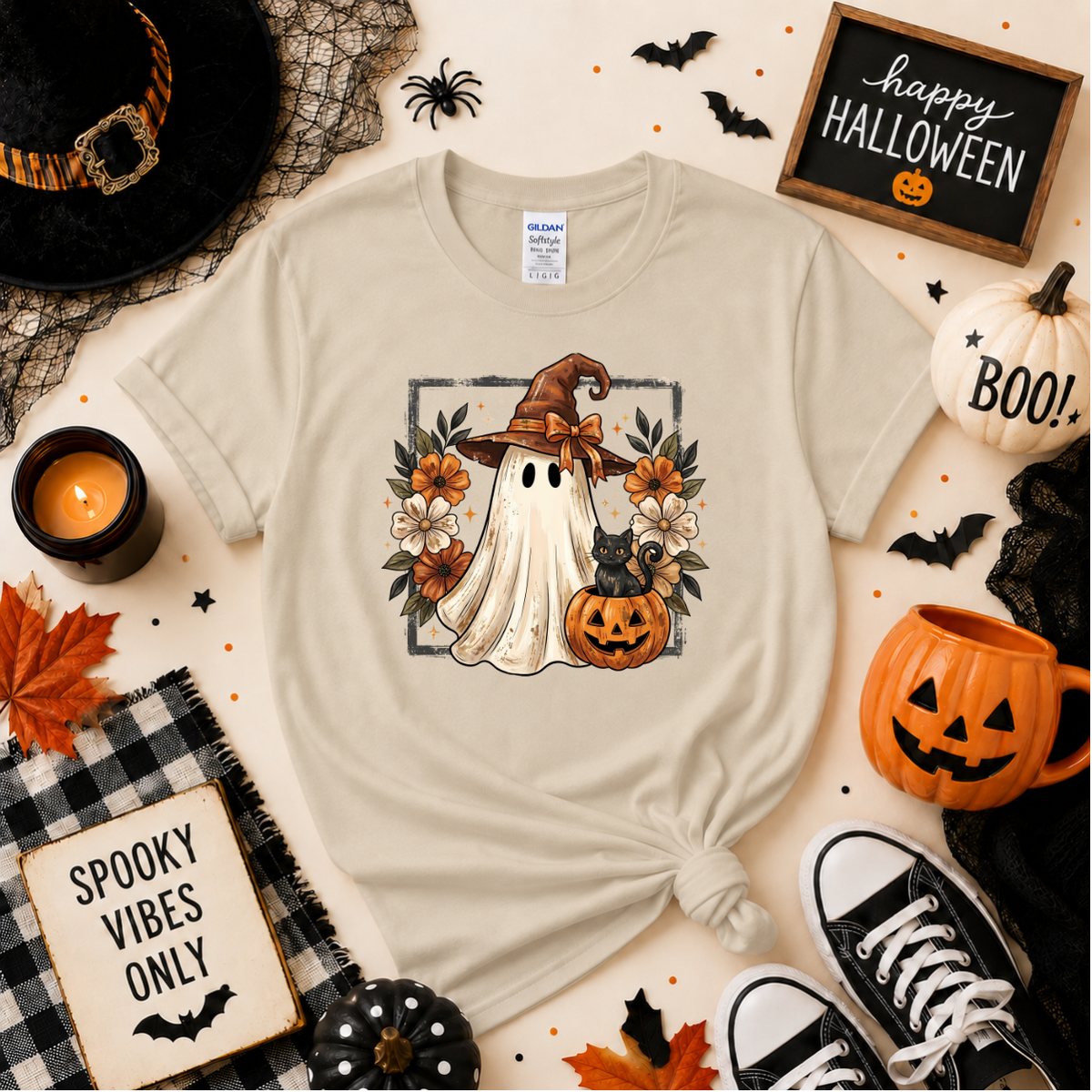 Cute Witch Ghost & Black Cat Halloween Sweatshirt | Pumpkin T-shirt