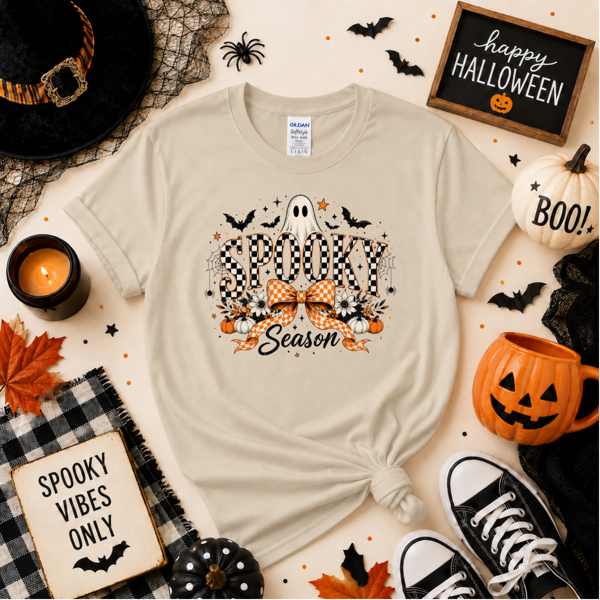 Spooky Season Halloween T-Shirt | Checkerboard Ghost & Bow Graphic Sweatshirt