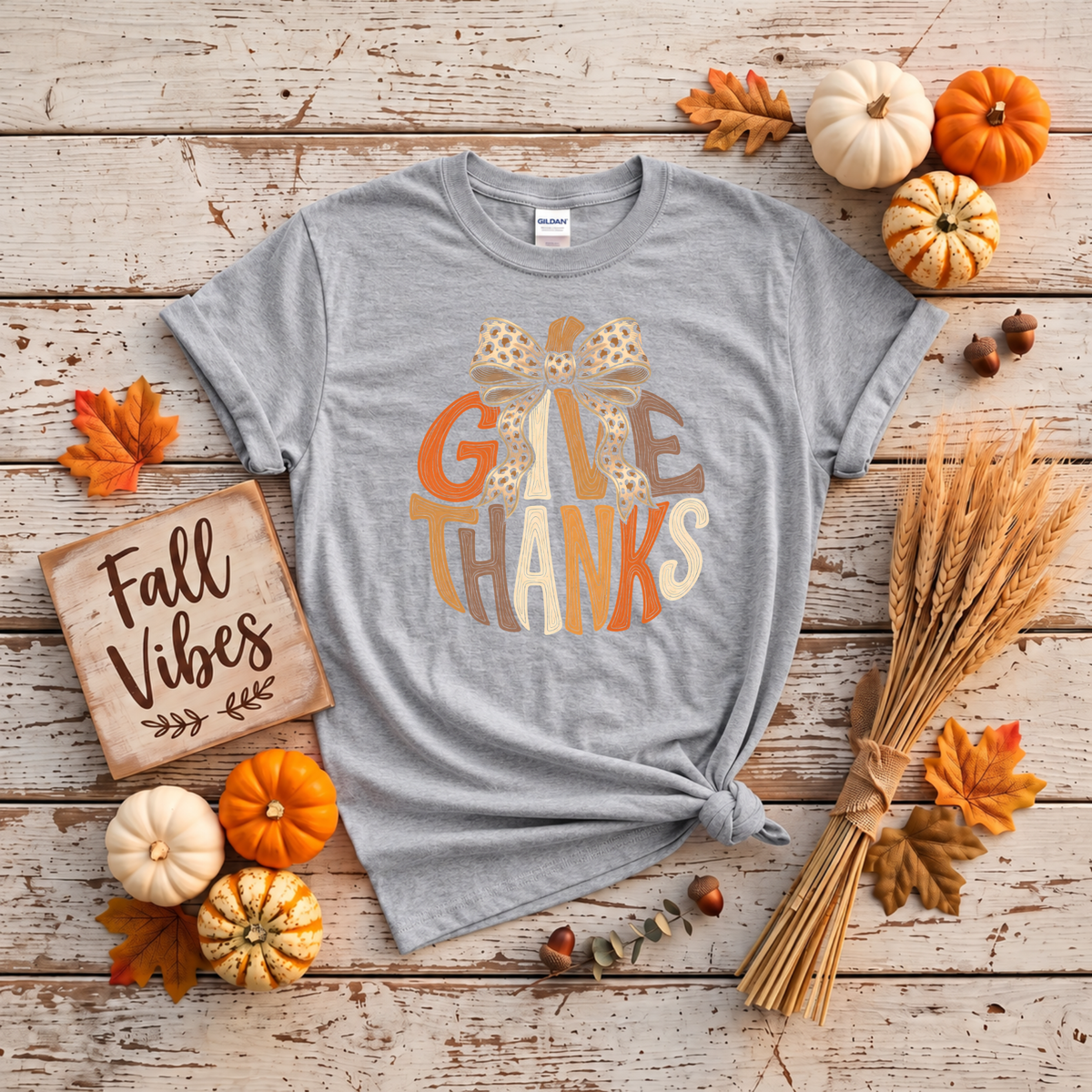 Give Thanks Leopard Bow Fall T-Shirt or Sweatshirt | Thanksgiving Apparel