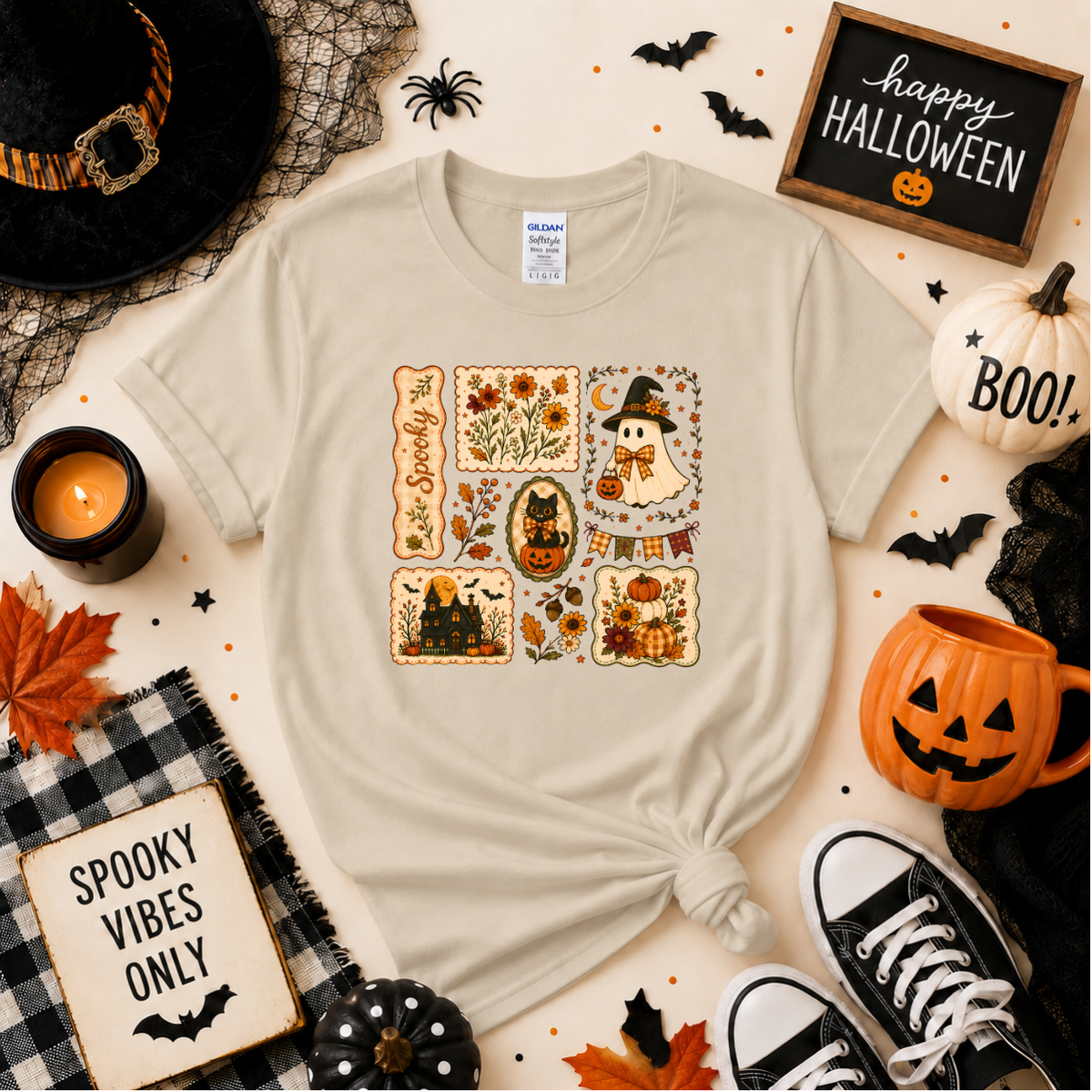 Vintage Spooky Halloween Sweatshirt | Ghost Pumpkin & Black Cat T-shirt
