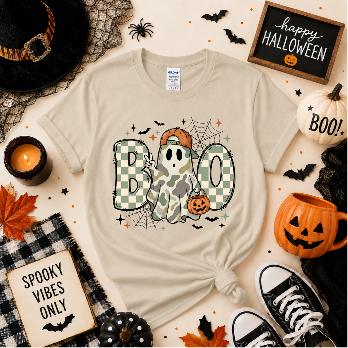 Camo Ghost BOO Halloween T-Shirt | Cute Spooky Season Graphic Tee