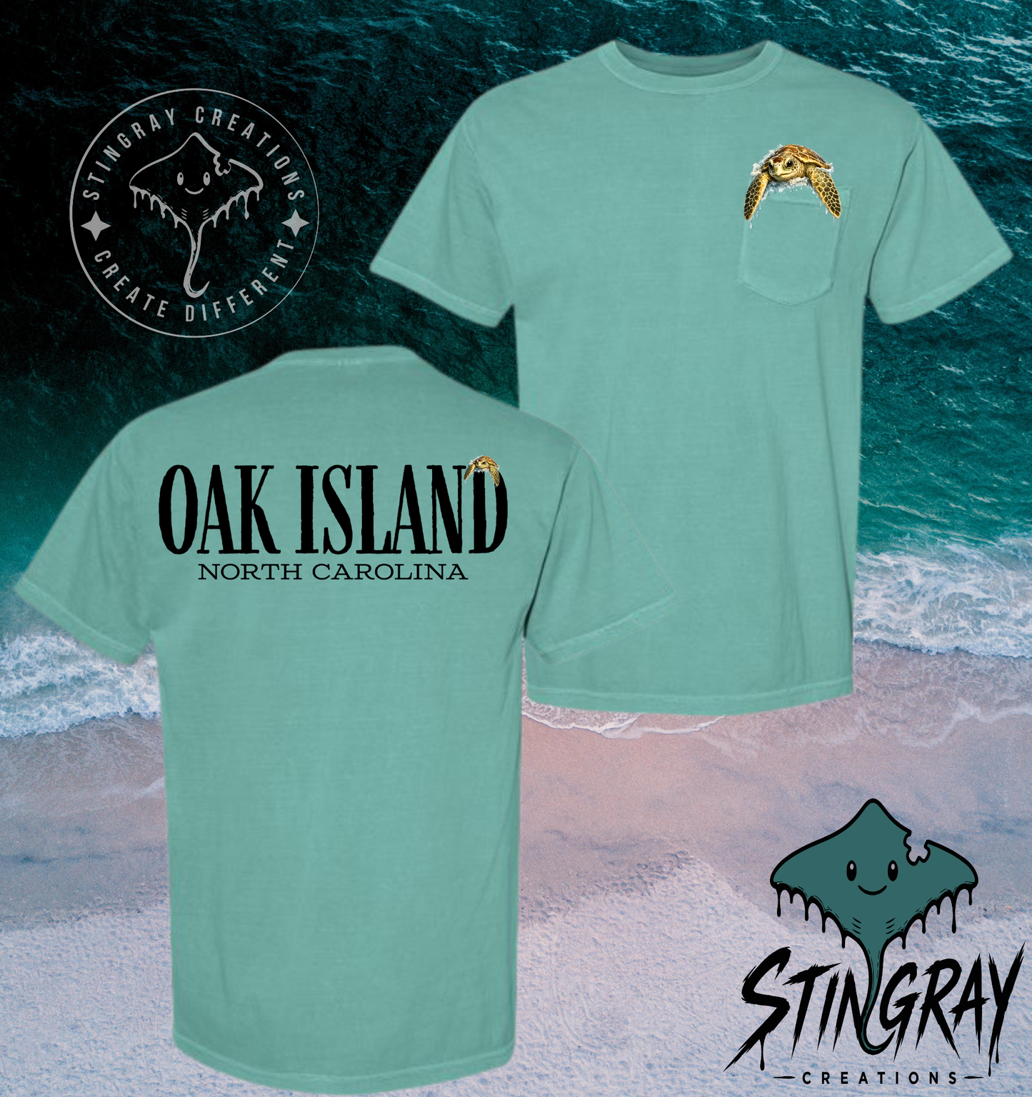 Oak Island Sea Turtle Pocket T Shirt | North Carolina Coastal Apparel | Comfort Colors