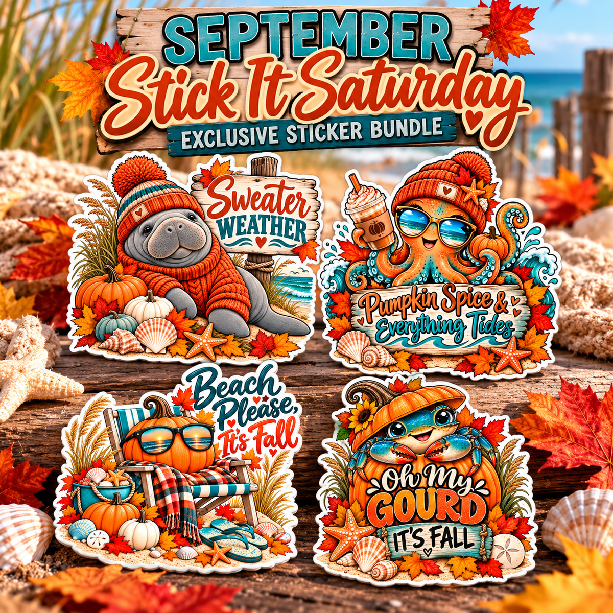 September Stick It Saturday exclusive sticker bundle featuring four coastal fall stickers with a manatee, octopus, pumpkin beach scene, and blue crab by Stingray Creations.