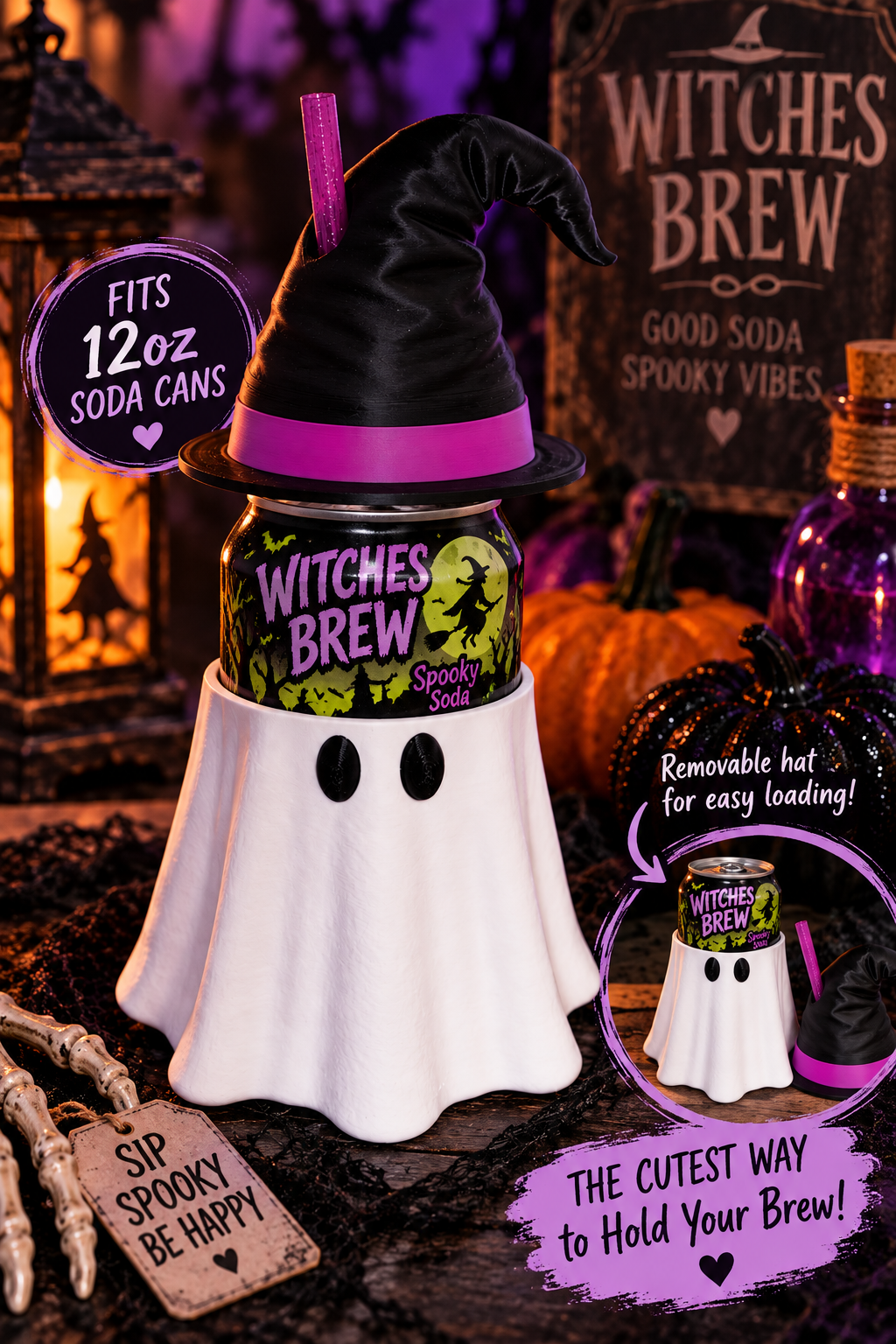 3D Printed Witch Ghost 12oz Soda Can Holder | Halloween Cup Holder