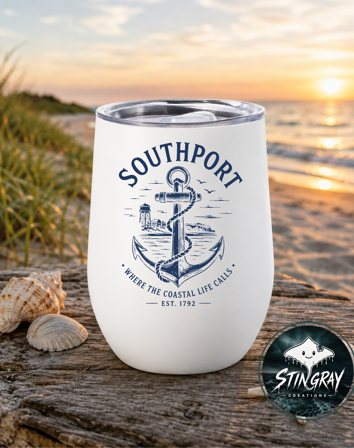 Southport NC Wine Tumbler | Coastal Anchor & Watertower Stainless Steel Tumbler | North Carolina Gift