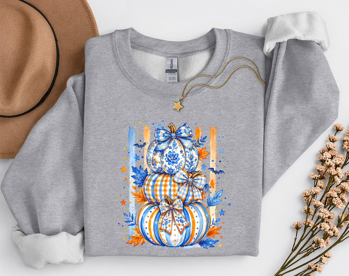 Blue & Orange Pumpkin Stack Fall Shirt | Coquette Pumpkin T-Shirt & Crewneck Sweatshirt