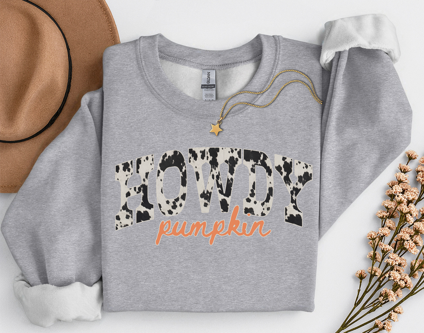 Howdy Pumpkin Cow Print Fall Shirt | Western Autumn T-Shirt & Crewneck Sweatshirt