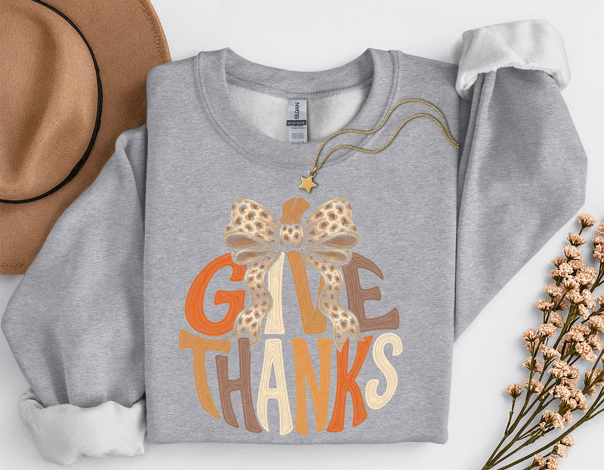Give Thanks Leopard Bow Fall T-Shirt or Sweatshirt | Thanksgiving Apparel
