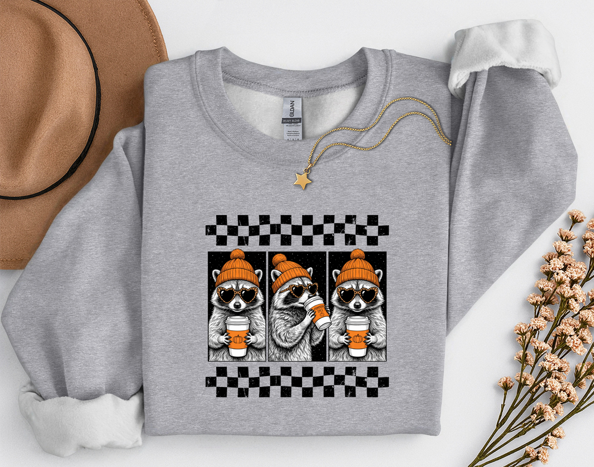 Pumpkin Spice Raccoon Crewneck Sweatshirt | Cute Fall Coffee Sweatshirt | Cozy Autumn Raccoon Shirt