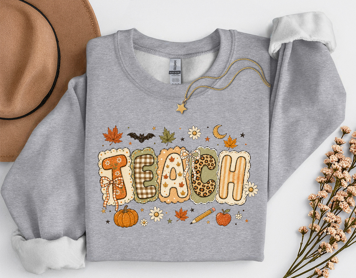 Teacher Fall Crewneck Sweatshirt | Patchwork Teacher Shirt | Cozy Autumn Teacher Sweatshirt