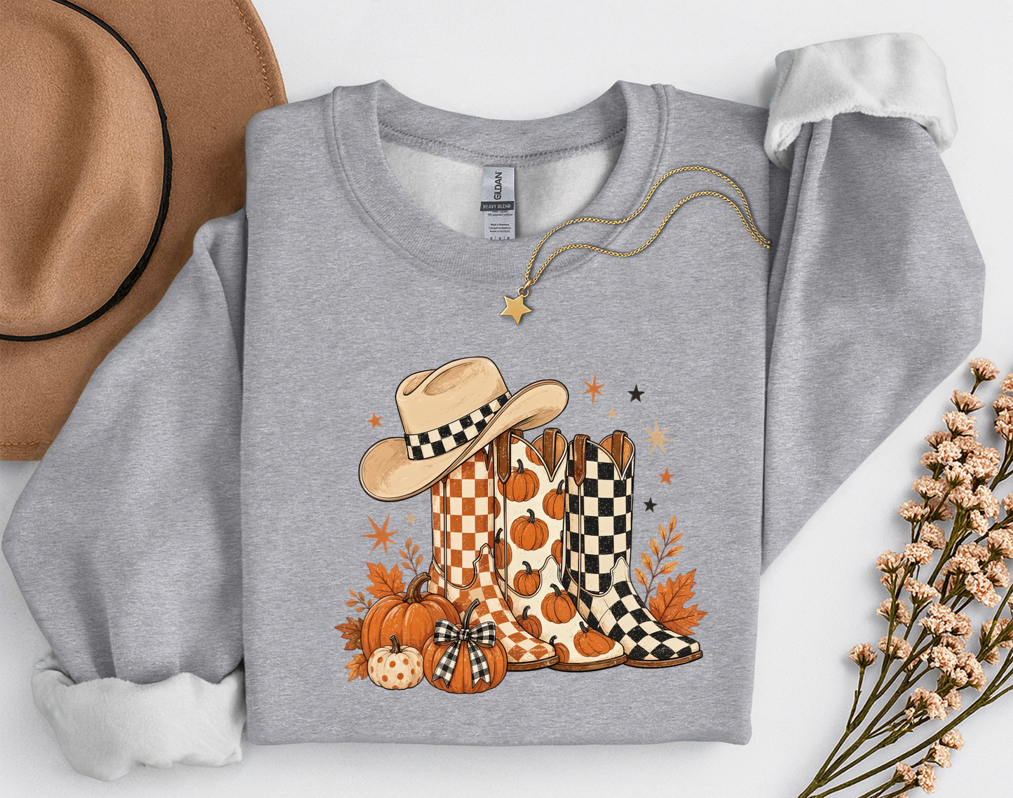Western Fall Crewneck Sweatshirt | Cowboy Boots & Pumpkins Autumn Sweatshirt | Country Fall Shirt