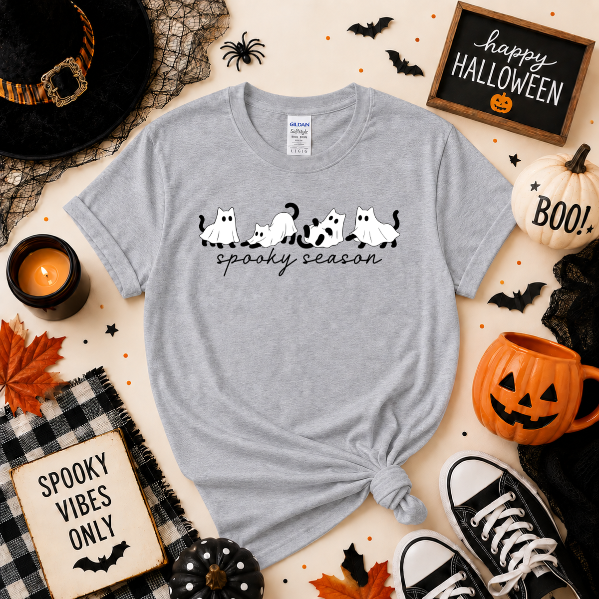 Spooky Season Ghost Cats Halloween Shirt | Cat T-Shirt or Sweatshirt