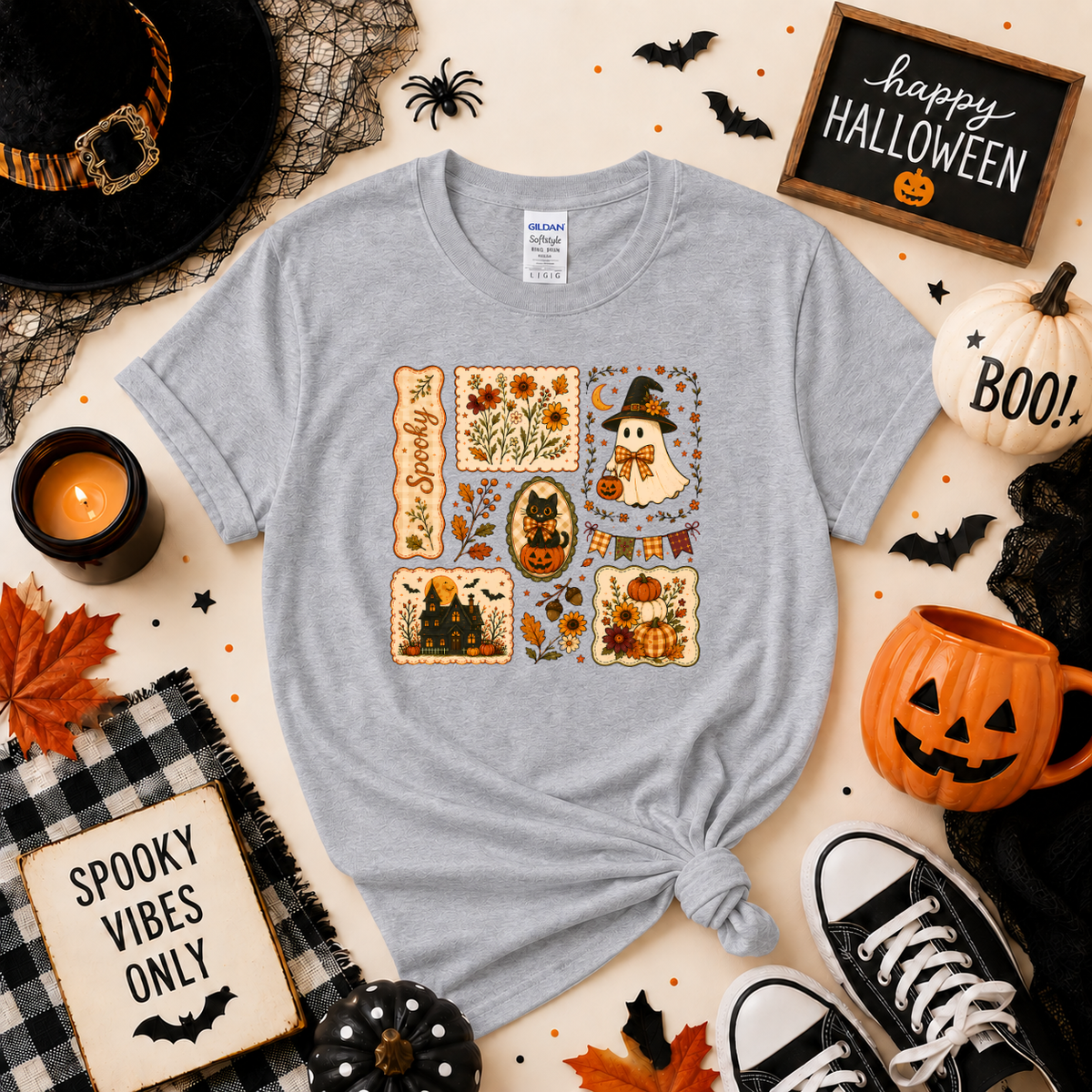 Vintage Spooky Halloween Sweatshirt | Ghost Pumpkin & Black Cat T-shirt