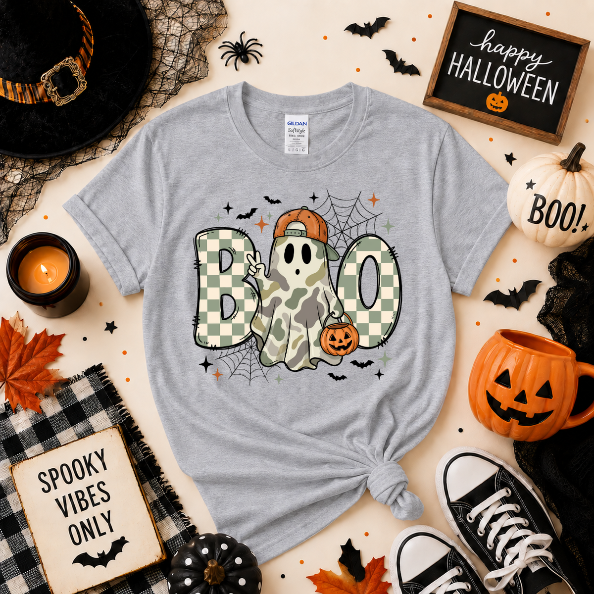 Camo Ghost BOO Halloween T-Shirt | Cute Spooky Season Graphic Tee