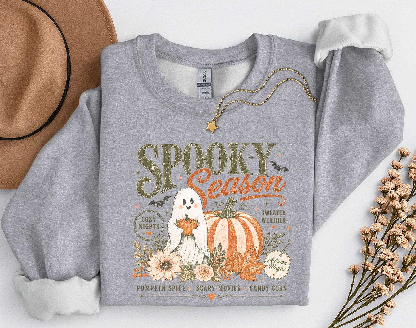 Spooky Season Ghost & Pumpkin Shirt | Cute Halloween T-Shirt or Crewneck Sweatshirt