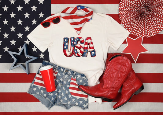 USA Faux Embroidered Patriotic Graphic Tee | Fourth of July Shirt