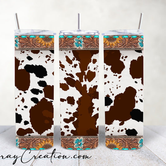 Western Cow Print Sunflower Tumbler 20oz Skinny Tumbler | Cowhide Western Cup | Turquoise Floral Cowgirl Tumbler