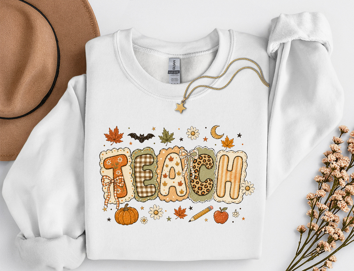Teacher Fall Crewneck Sweatshirt | Patchwork Teacher Shirt | Cozy Autumn Teacher Sweatshirt