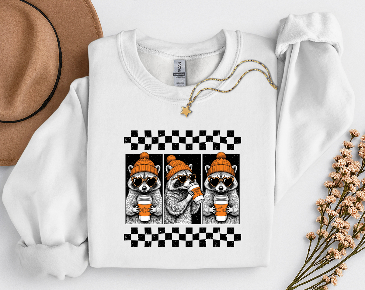 Pumpkin Spice Raccoon Crewneck Sweatshirt | Cute Fall Coffee Sweatshirt | Cozy Autumn Raccoon Shirt