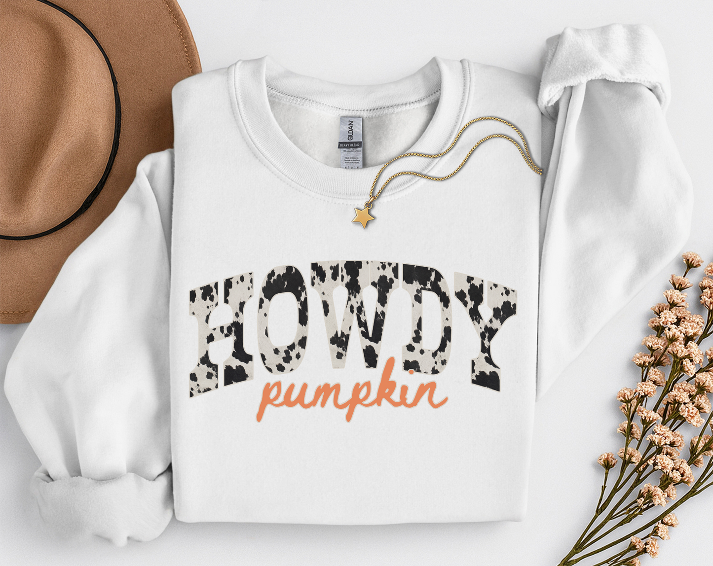 Howdy Pumpkin Cow Print Fall Shirt | Western Autumn T-Shirt & Crewneck Sweatshirt