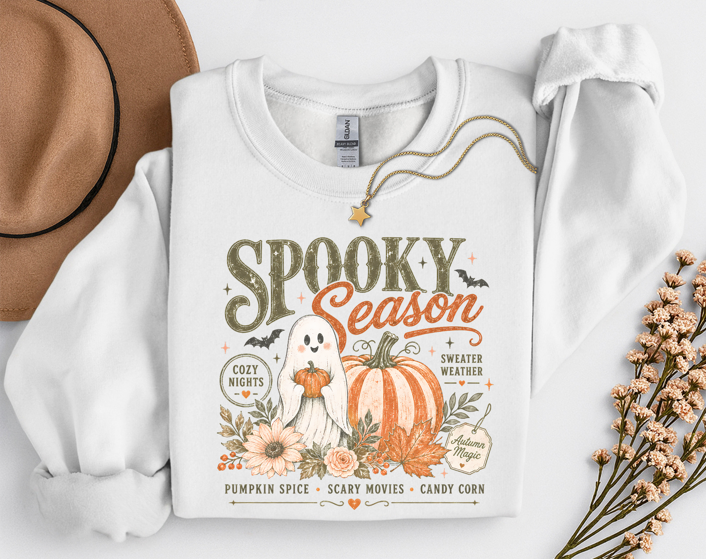 Spooky Season Ghost & Pumpkin Shirt | Cute Halloween T-Shirt or Crewneck Sweatshirt