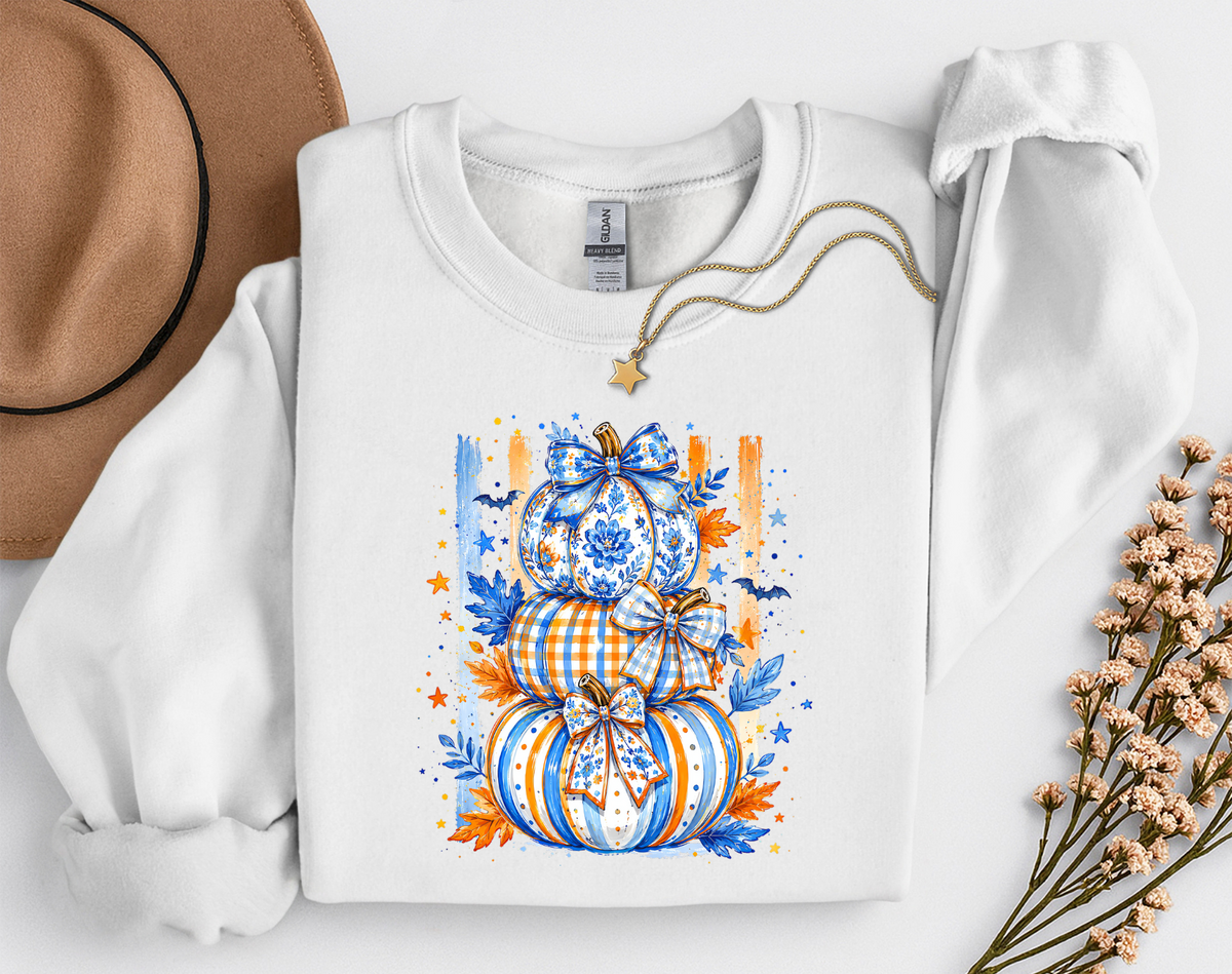 Blue & Orange Pumpkin Stack Fall Shirt | Coquette Pumpkin T-Shirt & Crewneck Sweatshirt