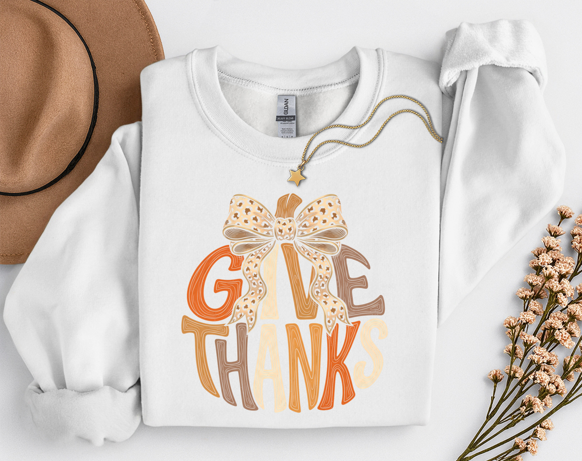 Give Thanks Leopard Bow Fall T-Shirt or Sweatshirt | Thanksgiving Apparel