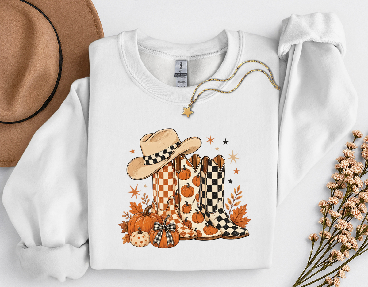 Western Fall Crewneck Sweatshirt | Cowboy Boots & Pumpkins Autumn Sweatshirt | Country Fall Shirt