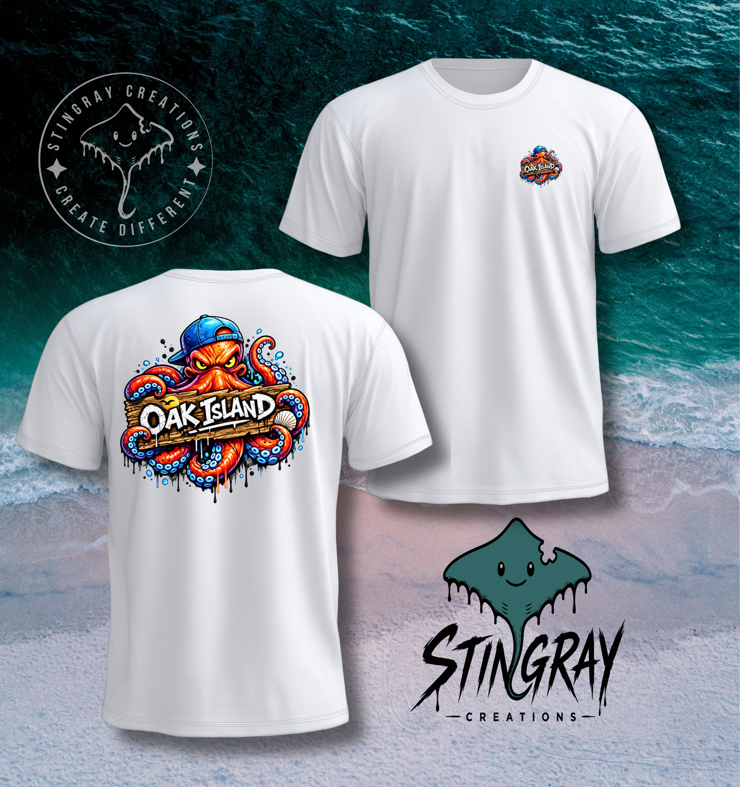Oak Island Graffiti Octopus T Shirt | Coastal North Carolina Graphic Tee | Beach Vacation Shirt