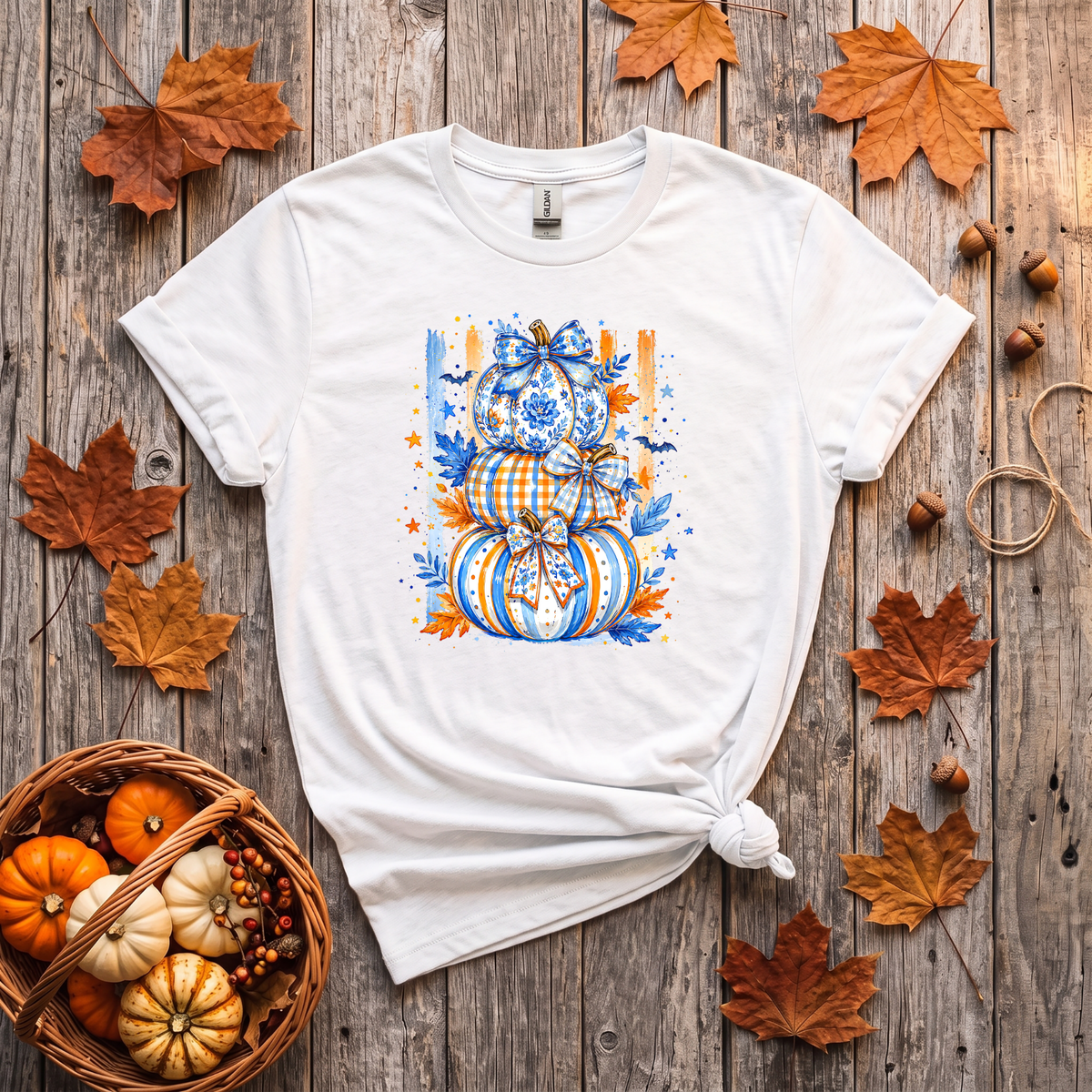 Blue & Orange Pumpkin Stack Fall Shirt | Coquette Pumpkin T-Shirt & Crewneck Sweatshirt