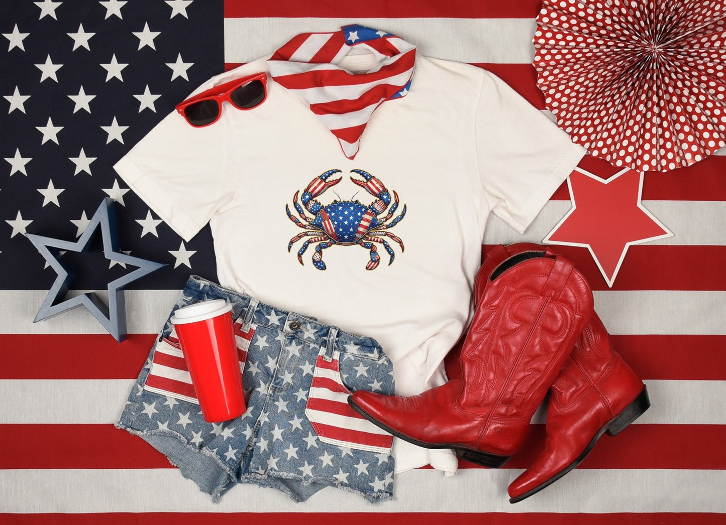 Patriotic Crab Graphic Tee | Coastal American Flag Shirt