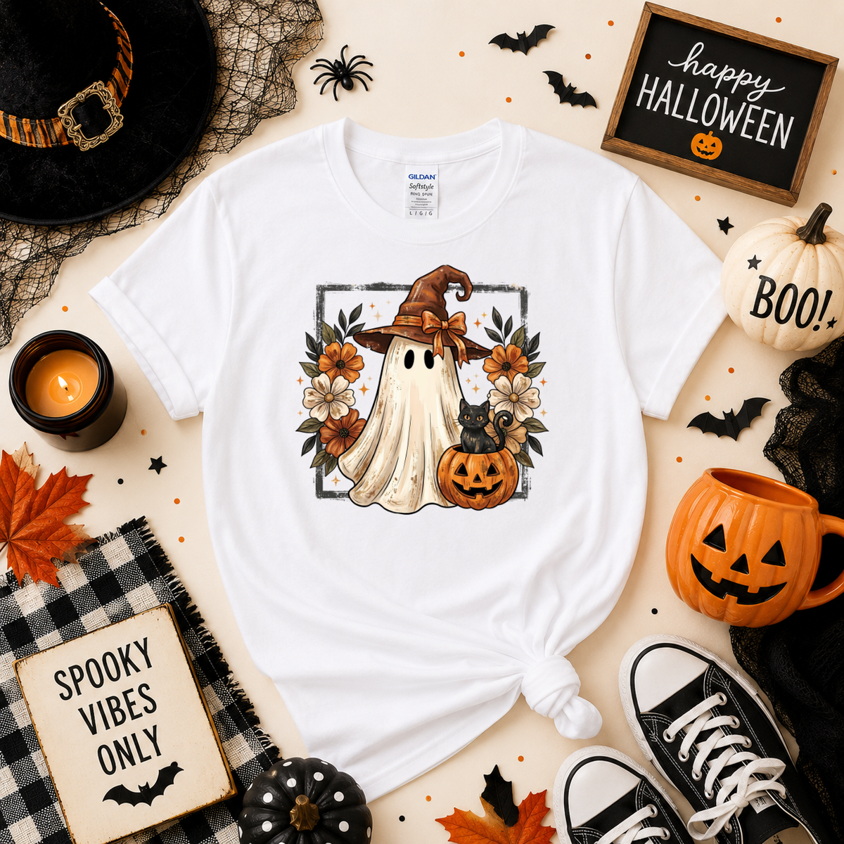 Cute Witch Ghost & Black Cat Halloween Sweatshirt | Pumpkin T-shirt