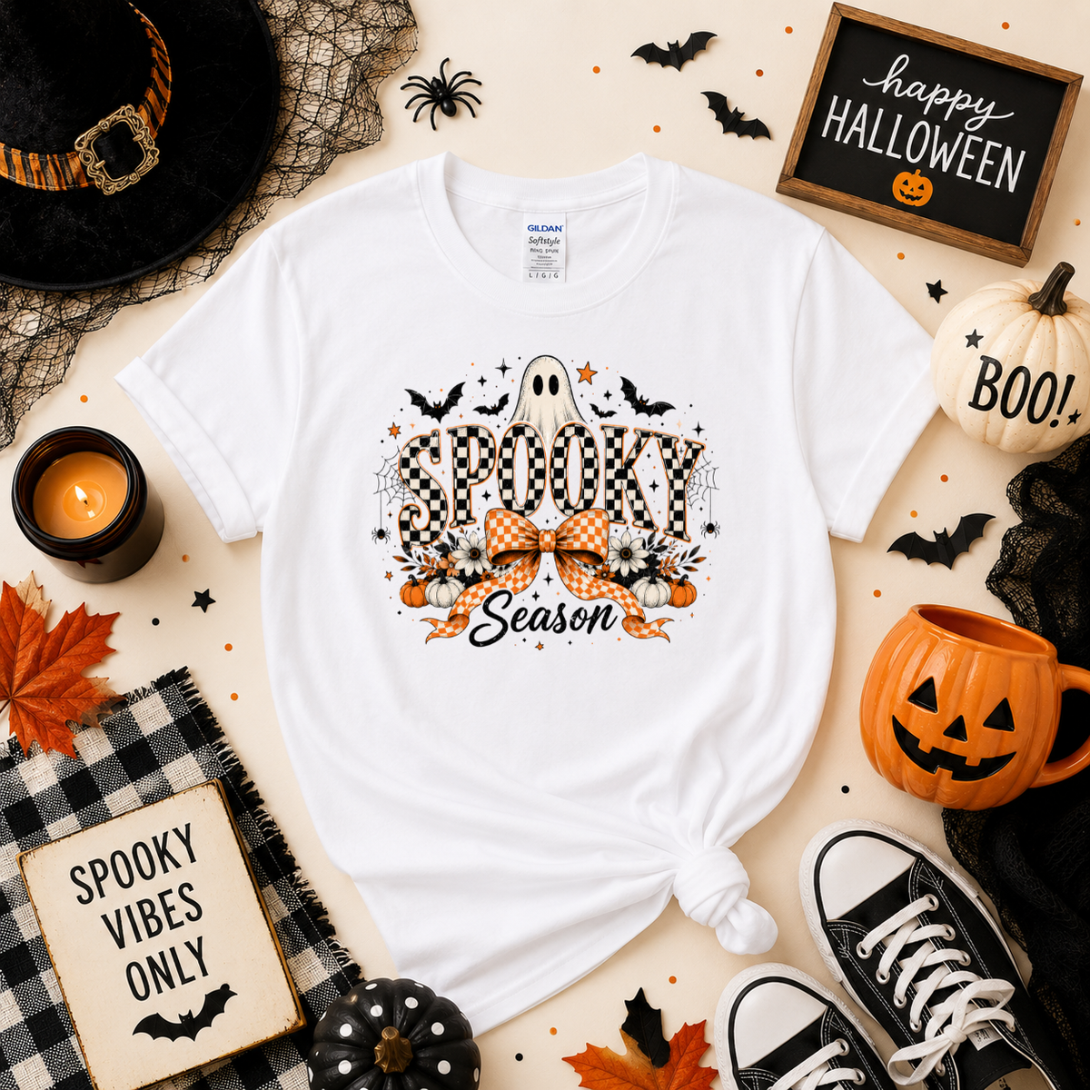 Spooky Season Halloween T-Shirt | Checkerboard Ghost & Bow Graphic Sweatshirt