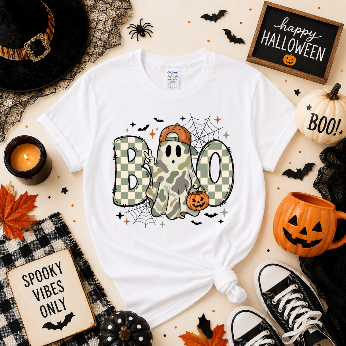 Camo Ghost BOO Halloween T-Shirt | Cute Spooky Season Graphic Tee