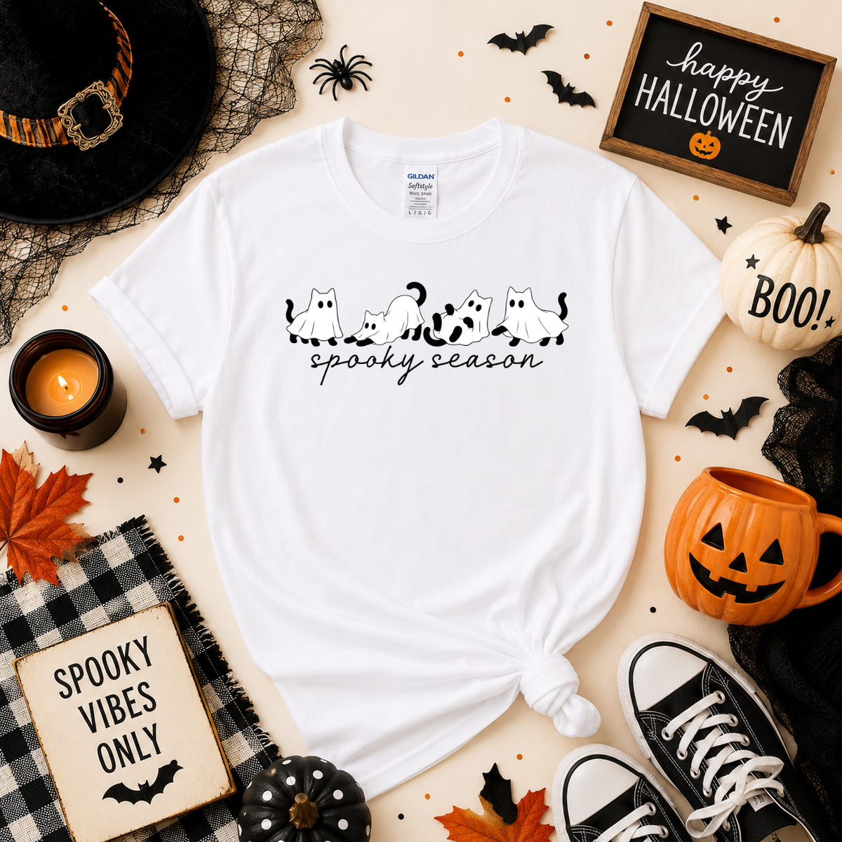 Spooky Season Ghost Cats Halloween Shirt | Cat T-Shirt or Sweatshirt