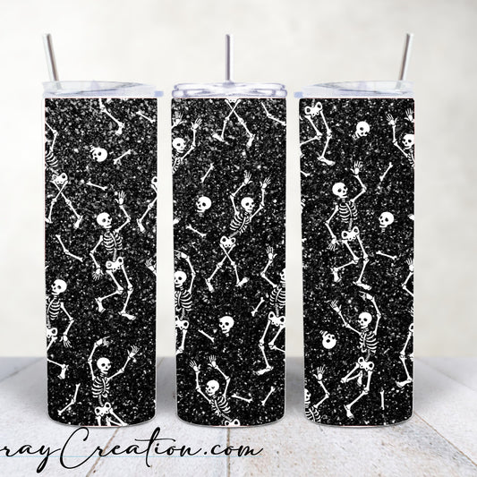 Dancing Skeleton Halloween Tumbler 20oz | Black Glitter Skeleton Stainless Steel Travel Cup