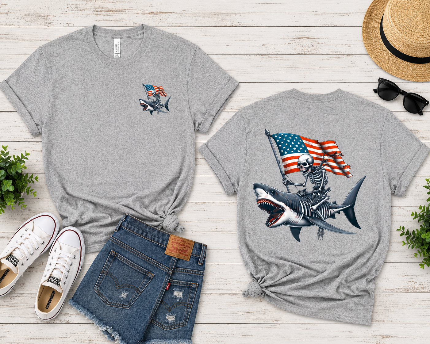 Patriotic Skeleton Riding Shark T Shirt | Fourth of July Beach Shirt