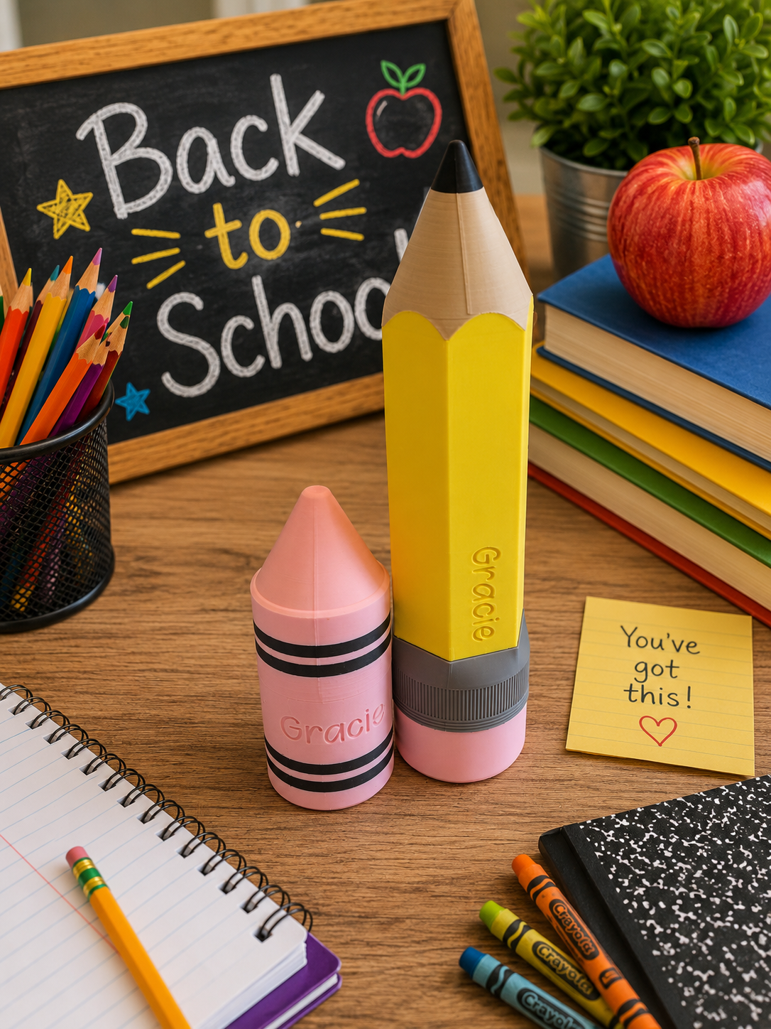 Personalized Back to School Pencil and Crayon Storage Set, Custom Name School Supplies