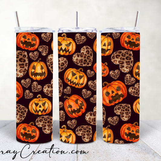 Leopard Print Pumpkin Halloween Tumbler 20oz | Cheetah Heart Jack O' Lantern Fall Cup