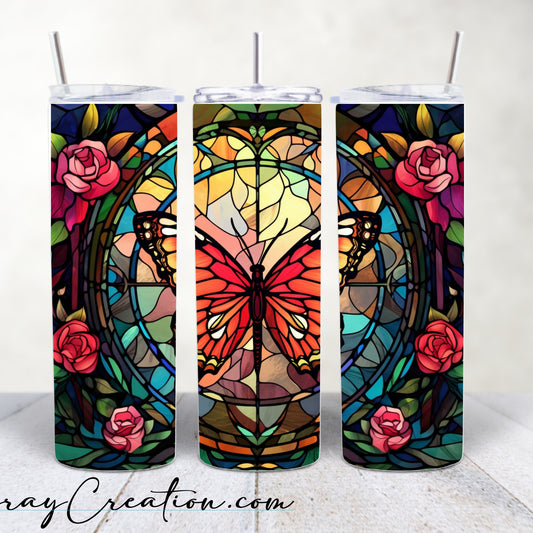Monarch Butterfly Stained Glass Tumbler 20oz | Butterfly & Rose Floral Travel Cup